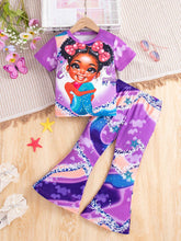 2pcs Girls Adorable Mermaid Printed Short Sleeve Top + Flare Pants Set